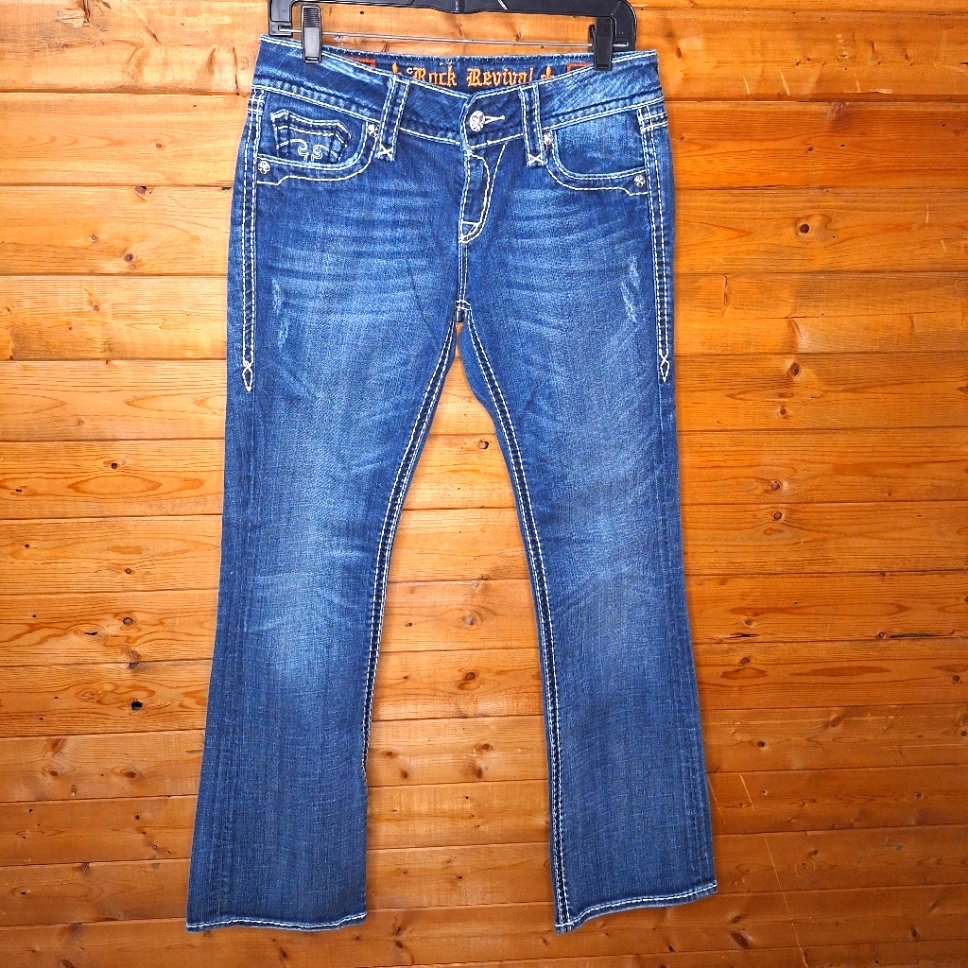 Rock Revival Blake Easy Boot Cut Blue Dark Distressed Size 27